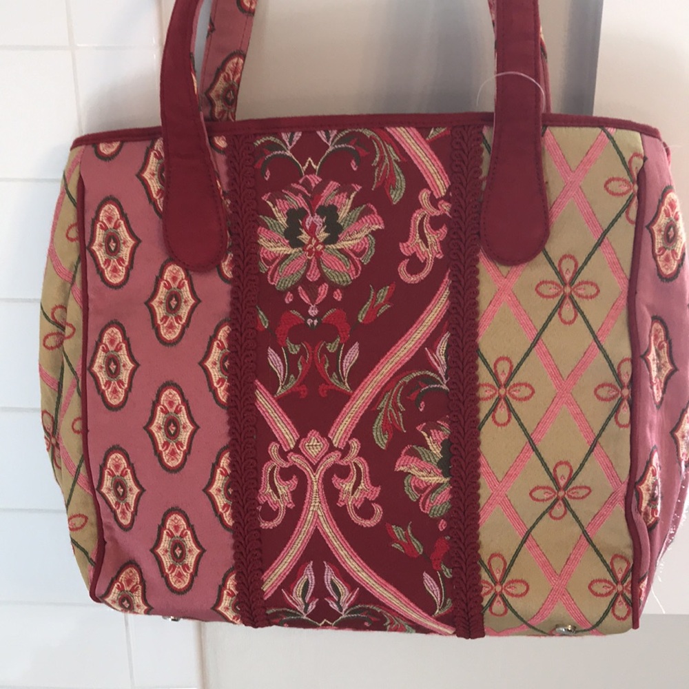 Talbots NEW Red & Pink Embroidered Carry All w/Matching  Wallet